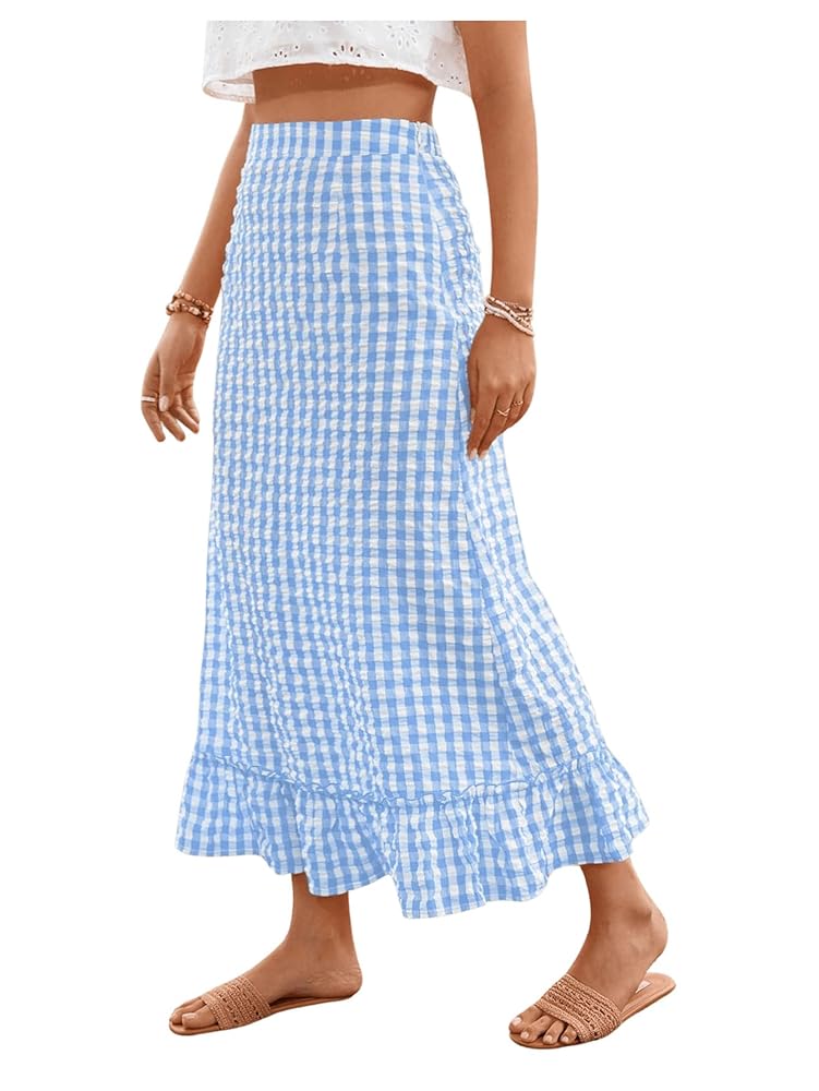 SHENHE Women's Gingham Skirt Long Ruffle Hem A Line High